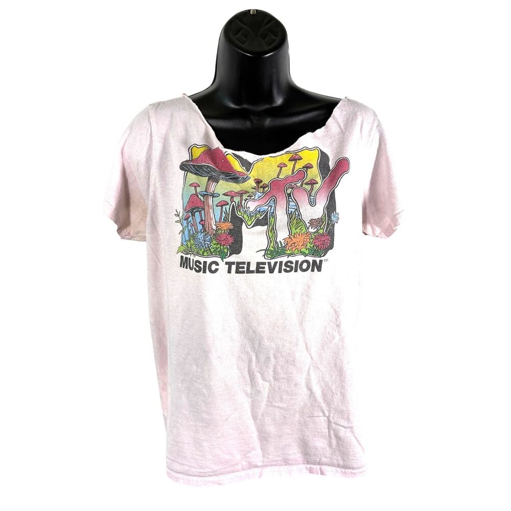 MTV Mushroom T Shirt Pink Psychedelic Graphic Tee Cut Neck
